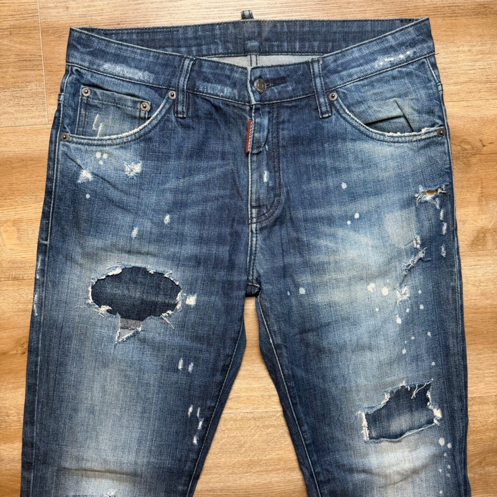 Dsquared2 Slim Jeans Mens 32 Blue Distressed Paint Splatter Patchwork Made Italy - Picture 2 of 16